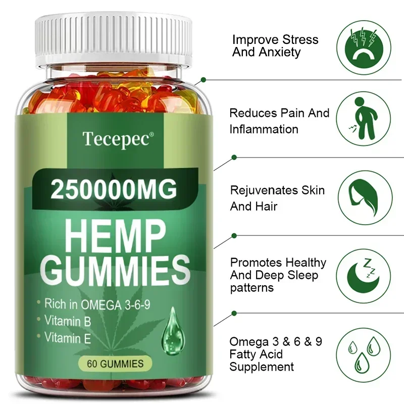 Contains Omega 3-6-9 Vitamin B, E Gummies - Stress Relief, Sleep, Mood, Skin, Nails, Focus, Joint Support, Non-GMO Supplement